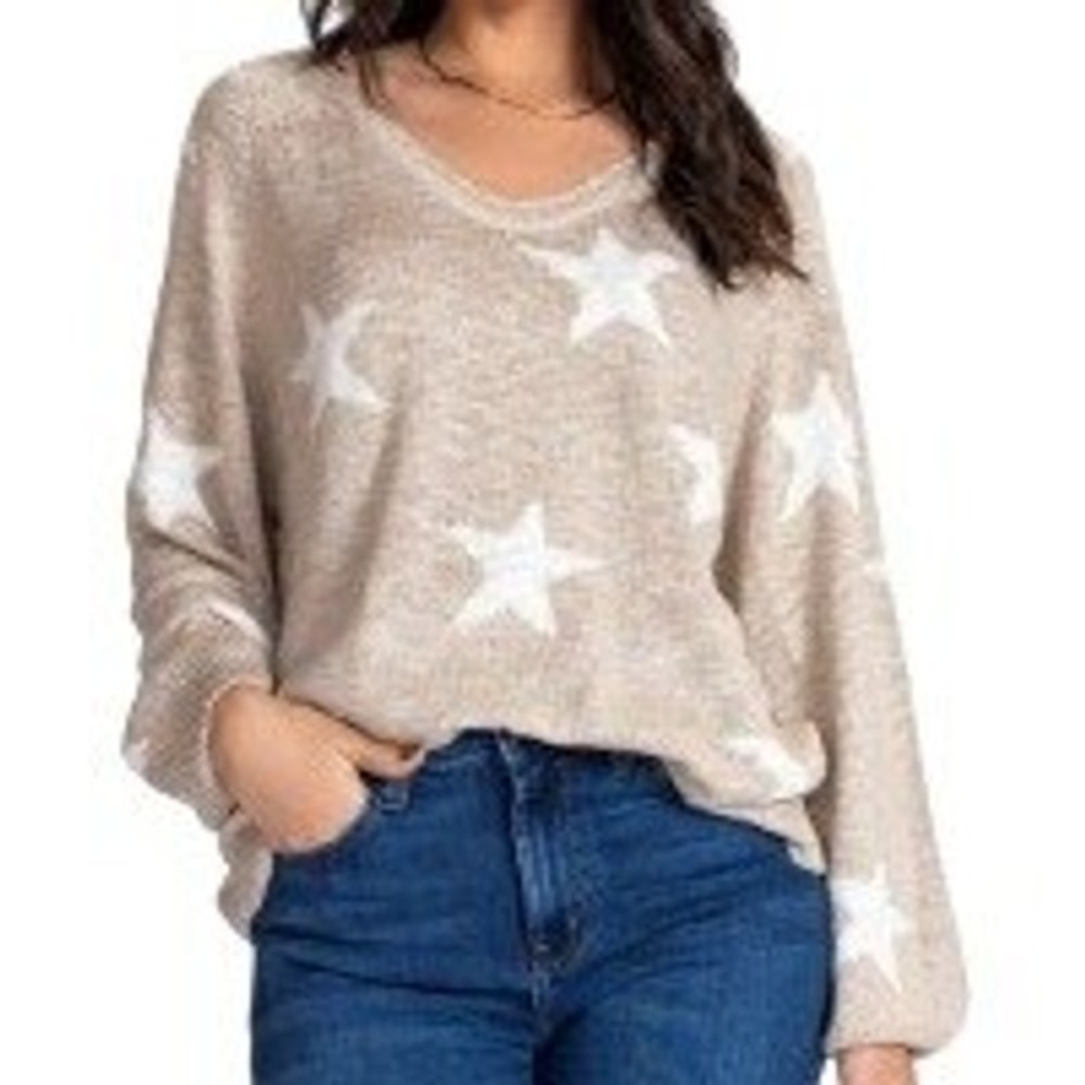 Miracle Beige Stars Cotton Slub Textured Knit V-Neck Sweater Size Small